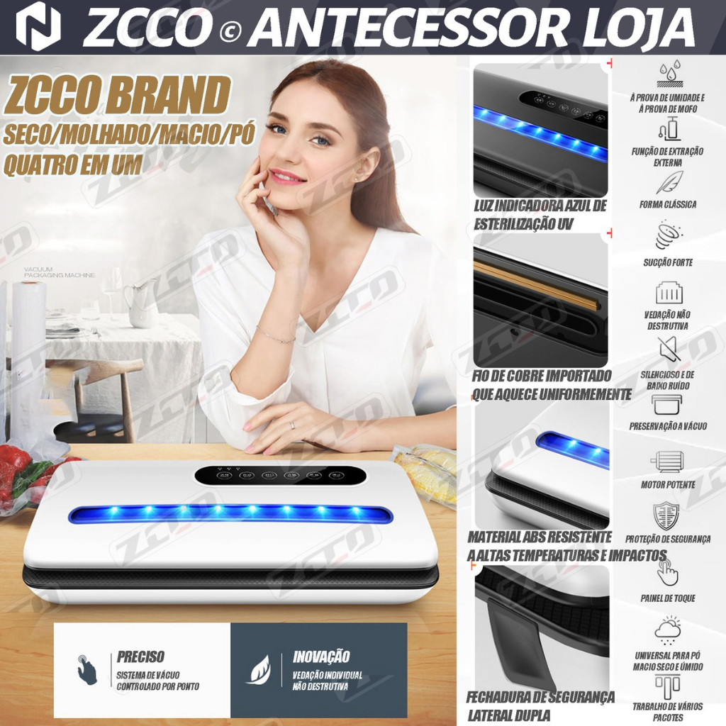 ZCCO Seladora a Vácuo Automática c/ 1 Botão, Timer Ajustável, Compacta – 110V/220V
