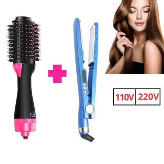 Kit de Estilização de Cabelo-Plancha + Escova Secadora 110V/220V 2 in 1 Salon Quality Too…