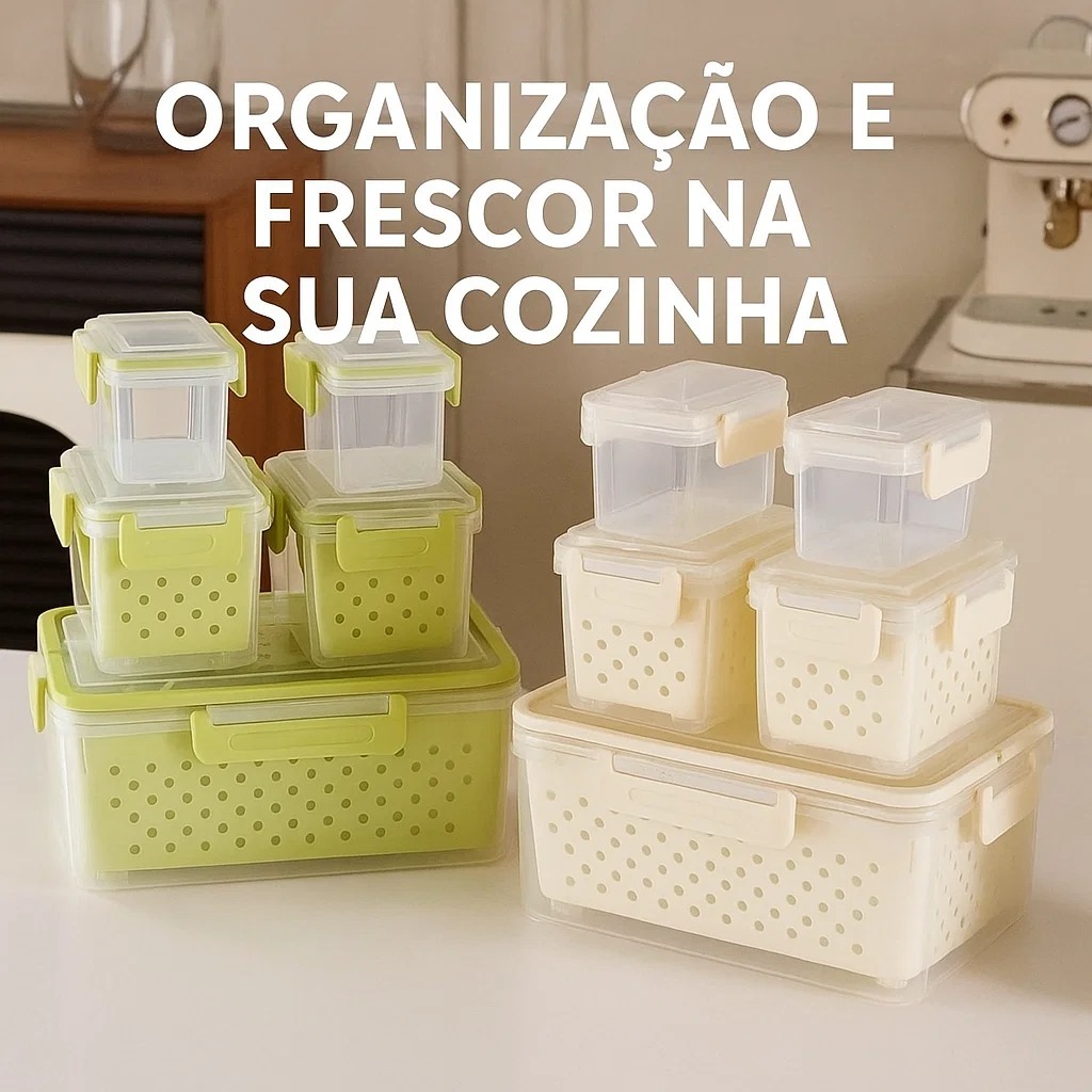 Conjunto Kit 5 Potes Herméticos Tampa Cesto Escorredor Removível Divisória BPA Free Organizador Alimentos Empilhável