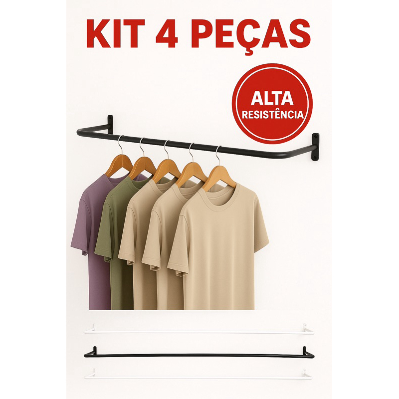 Kit 4 Arara de Parede 1Metro/ 80cm. Preta / Branca em Oferta na Shopee