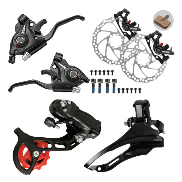 Kit Freios a Disco Mecânico + Par de Câmbios 21V Index + Par de alavancas 21V Para Bicicleta Aro 26 e 29