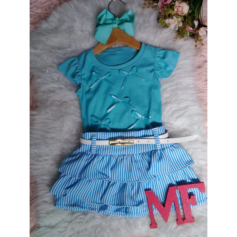 CONJUNTO SHORT SAIA LISTRADO  COM  CINTO + BLUSINHA LACINHO MODA INFANTIL MENINA