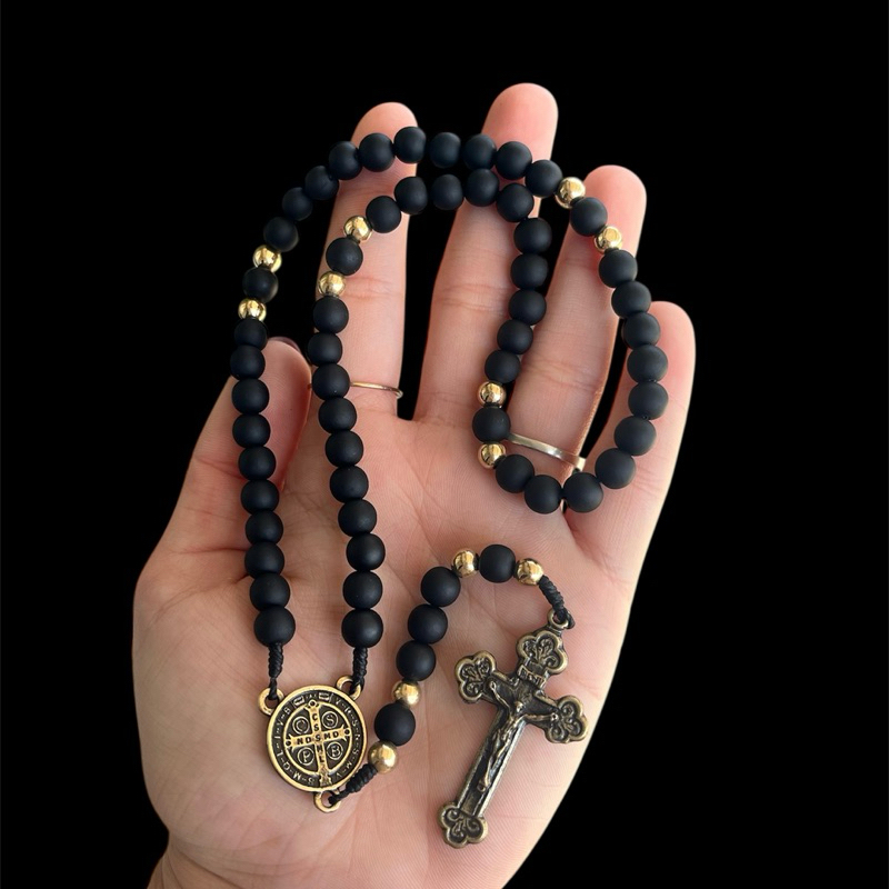 Terço São Bento Preto Emborrachado com Metal