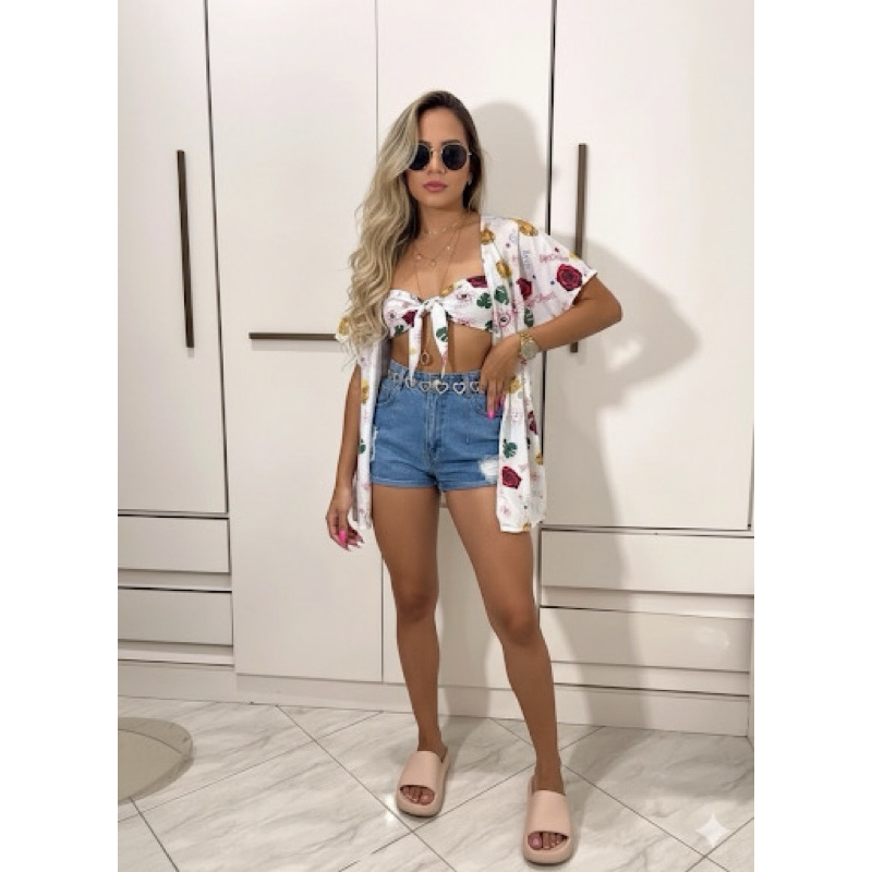 Conjunto kimono e cropped estampa amazônia top multiformas branco estampado