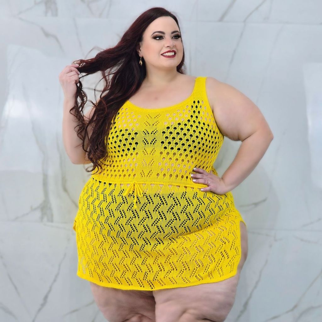 Saida de Praia Vestido Trico PLus Size Curta -Com Cordao na Cintura - Abertura Lateral -  Tamanho Unico - Veste 46 ao 52