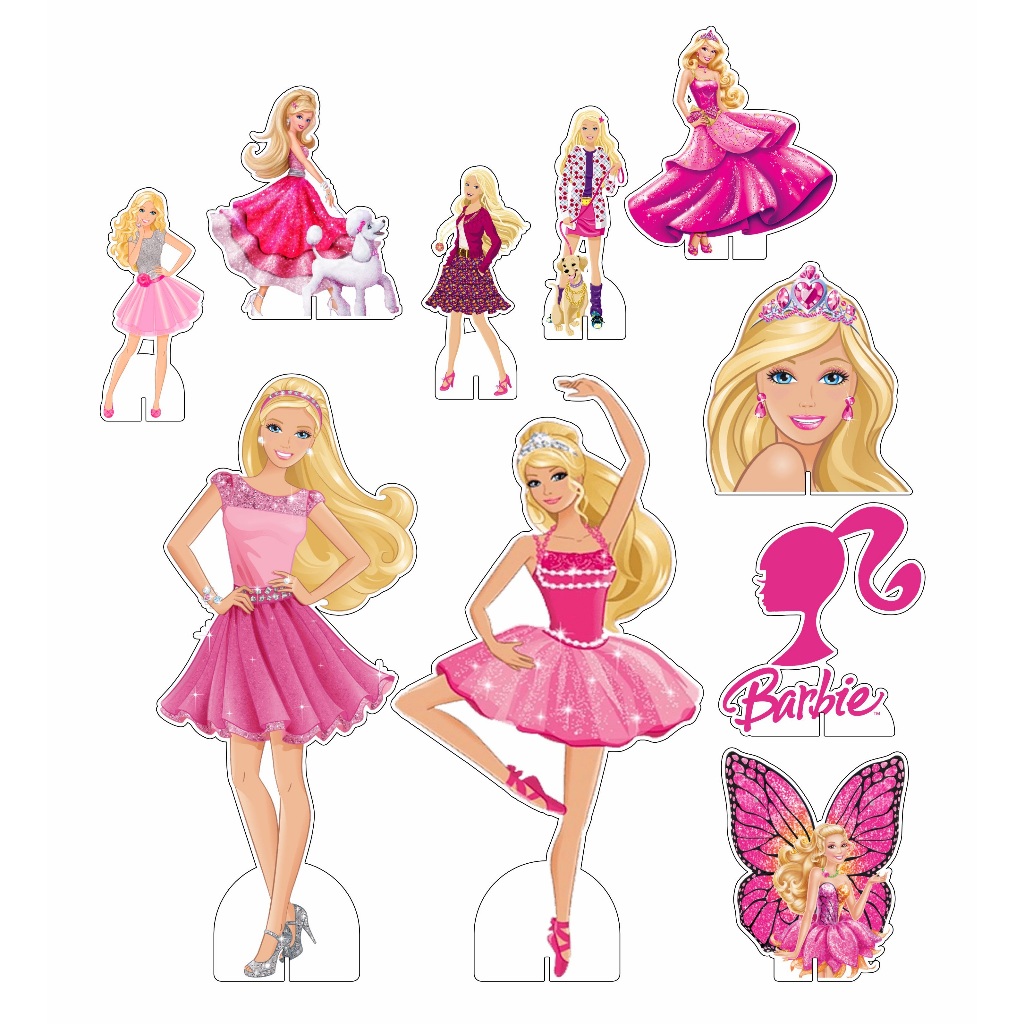 Kit Festa Barbie 8 Displays 20cm + 2 Totens 50cm em MDF Decoração Aniversário