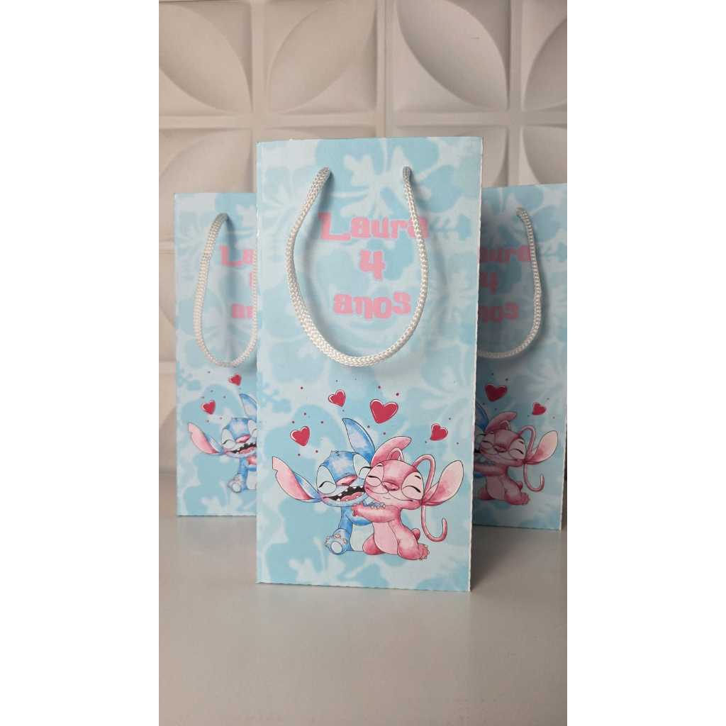 Sacolinhas Personalizadas Stitch e Angel M para Festa Infantil – Com Nome e Idade – Lembrancinha Tema Stitch e Angel