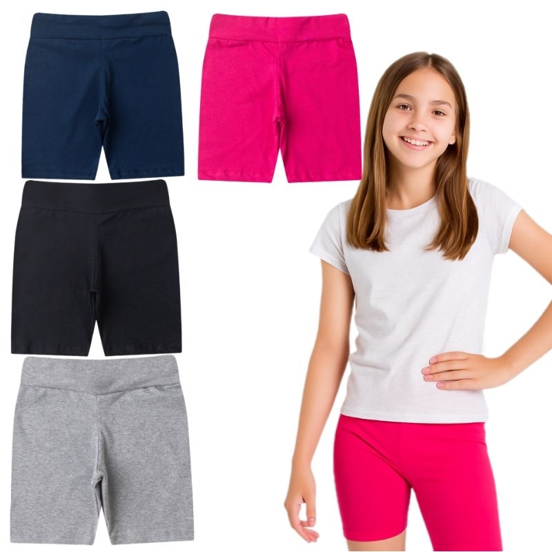 Kit 4 Shorts Ciclista liso Infantil Juvenil Feminino Cotton com Elastano-Tam.4 ao 16