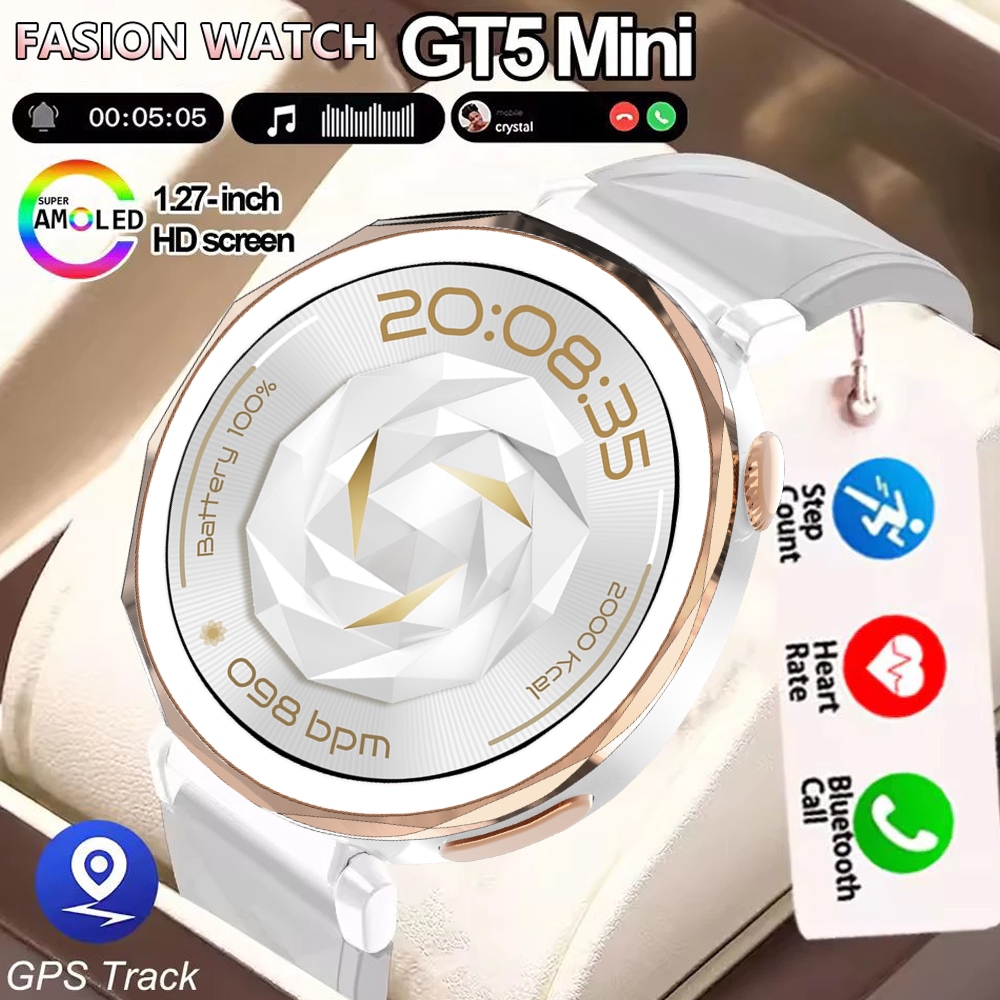 2025 GT5 Mini Smartwatch Relógio Inteligente Feminino GT 5 AMOLED Tela HD Bluetooth Chamada NFC GPS