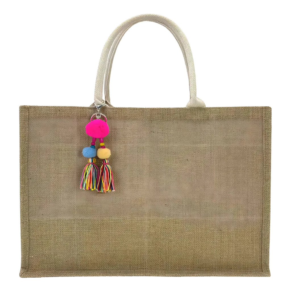 Bolsa de Praia Palha Juta Feminina Quadrada Grande Alça de Corda Impermeável e Chaveiro
