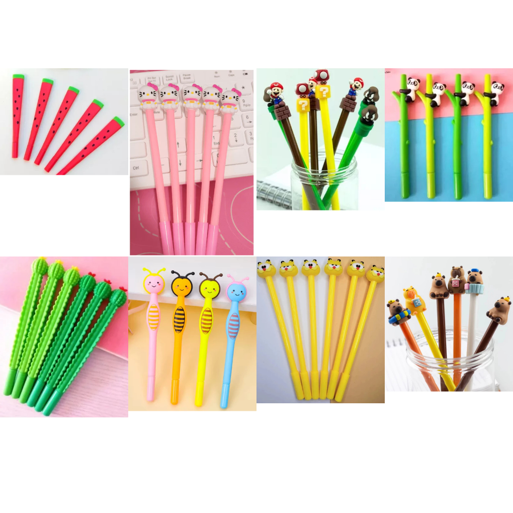 Kit com 12 Canetas Fofas - Melancia, Hello Kitty, Cacto, Mario, Panda, Garfield, Capivara, Abelha em Oferta na Shopee