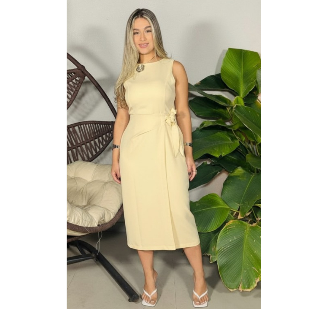 Vestido Feminino Alfaiataria Midi com Amarração Lateral Elegante | PMG em Oferta na Shopee