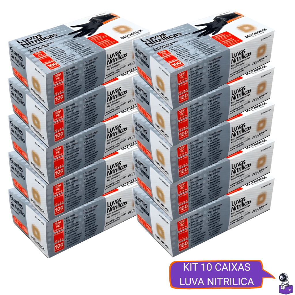 Kit 5 ou 10 Caixas Luva Nitrilica Preta Sem Pó Descartável 500 a 1.000 Unidades Uso Doméstico e Profissional