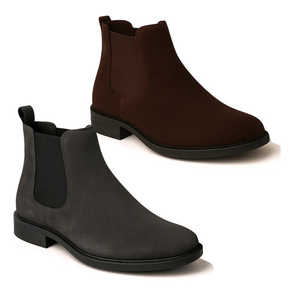 Kit 2 Botina Masculina Chelsea Premium em Couro Camurça Cano Médio Versátil Casual Social
