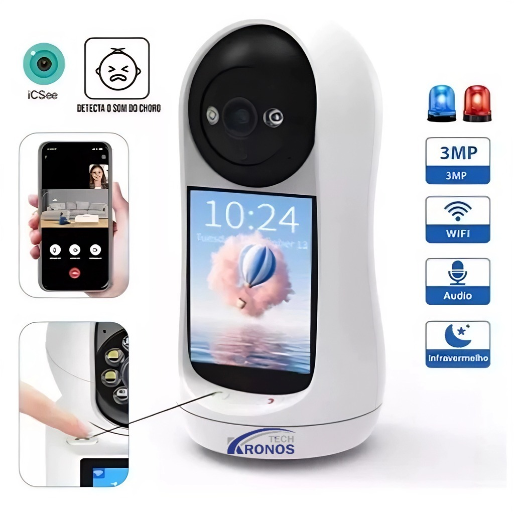 Câmera de vigilância de 3 MP, câmera de segurança residencial, suporta chamadas de vídeo e voz bidirecionais