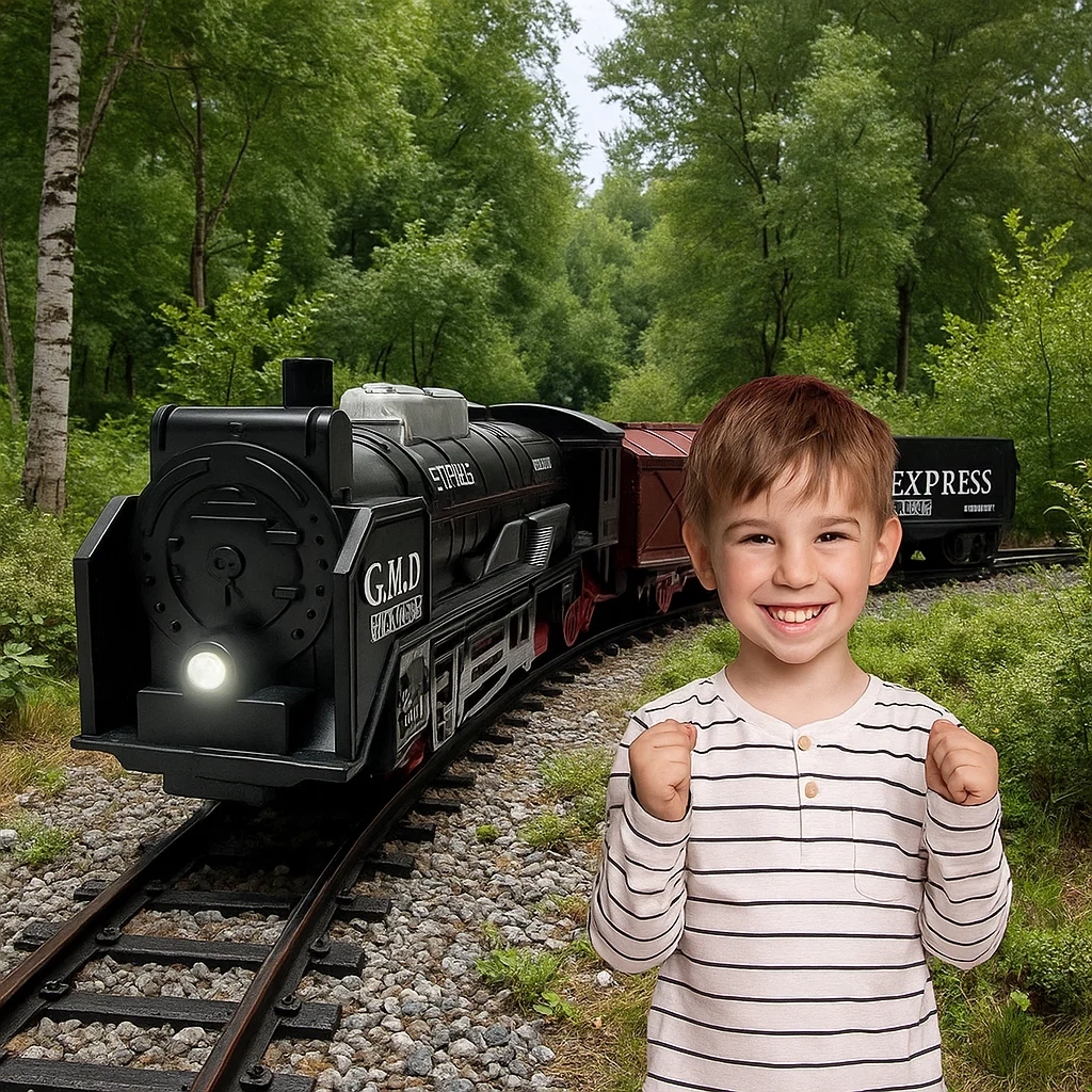 Trem Locomotiva Infantil Brinquedo Trilhos Vagões Luz Trenzinho Passageiros Ferrovia Monta Pista