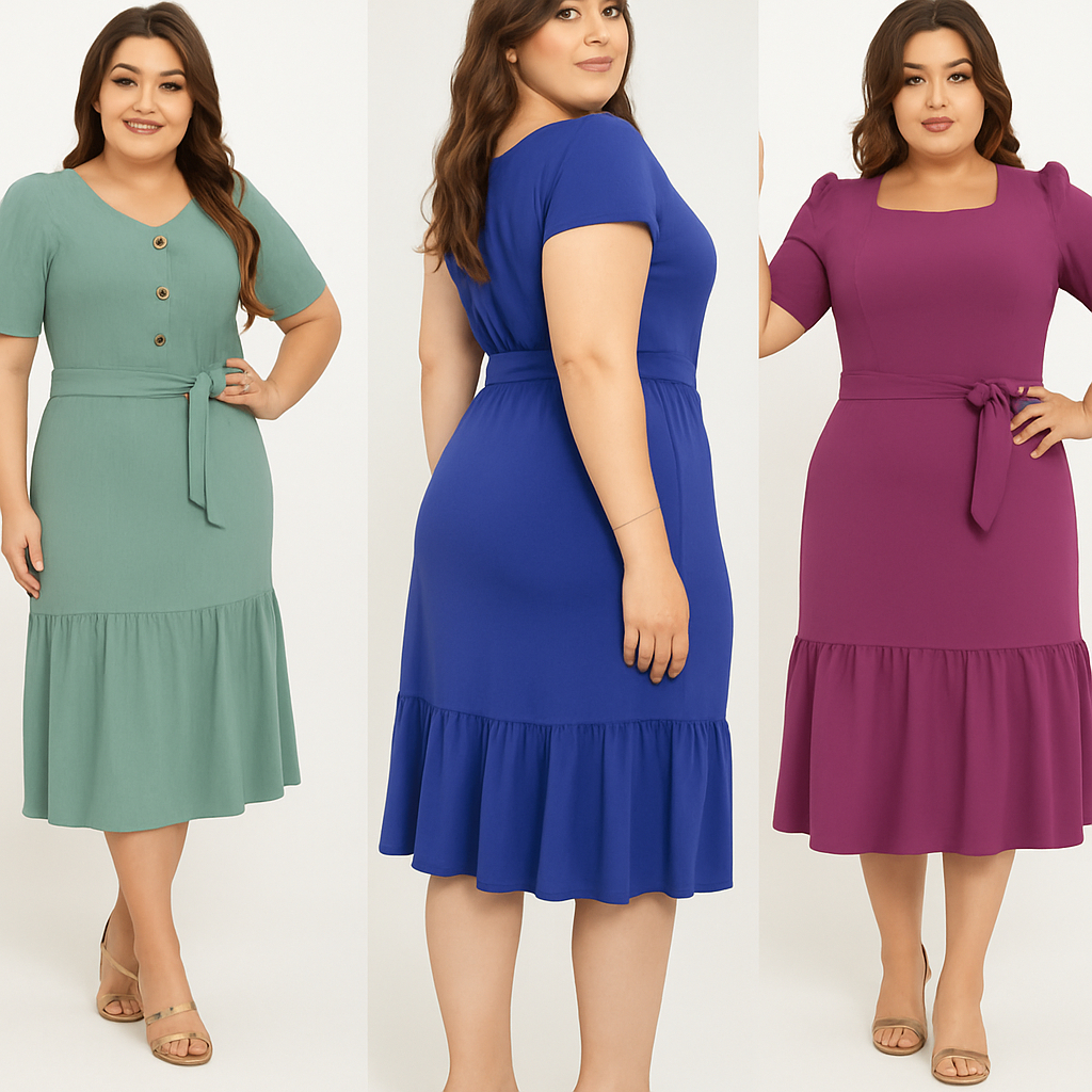 Vestido Midi Evangélico Elegante Com Cinto Rodado Plus Size Roxo Violeta Peplum Sereia Botões