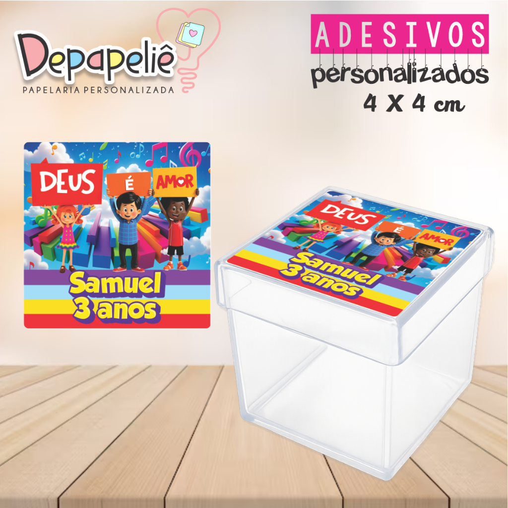 Adesivo Personalizado 4x4 cm Quadrado 3 PALAVRINHAS - Lembrancinha - Adesivo - Aniversário Infantil - Caixa Acrílica