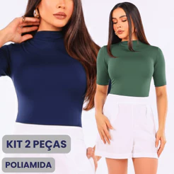 Kit 2 Blusas Feminina Plus Size Manga Curta Poliamida Gola Cacharrel Basica Casual e Elegante