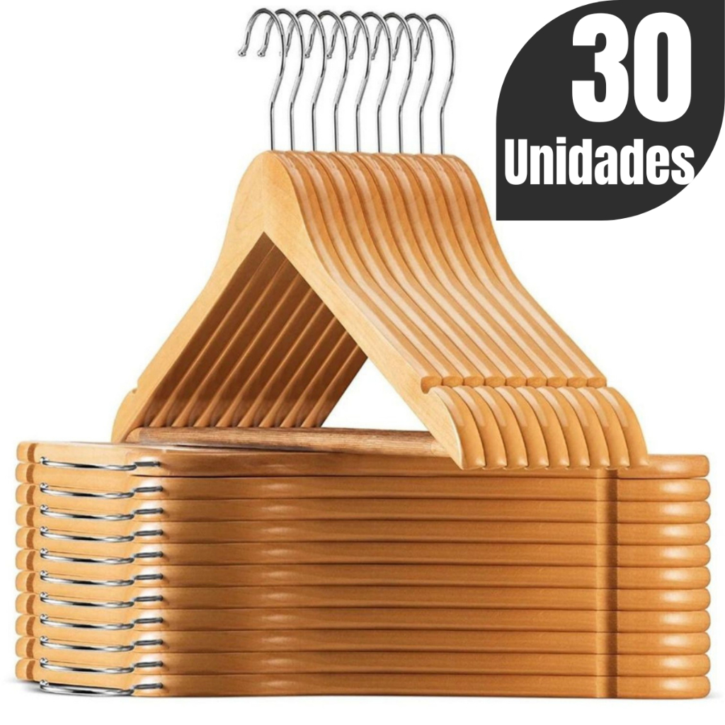 Kit 30 Cabides De Madeira Com Barra Antideslizante – Hangle