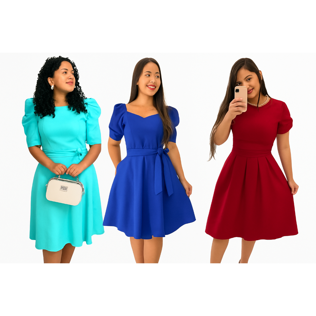 VESTIDO EXECUTIVO MODA MODETA EVANGÉLICA MODERNO SOLINHO PLUS SIZE RODADO EVASÊ COM BOLSOS (M AO XXG)