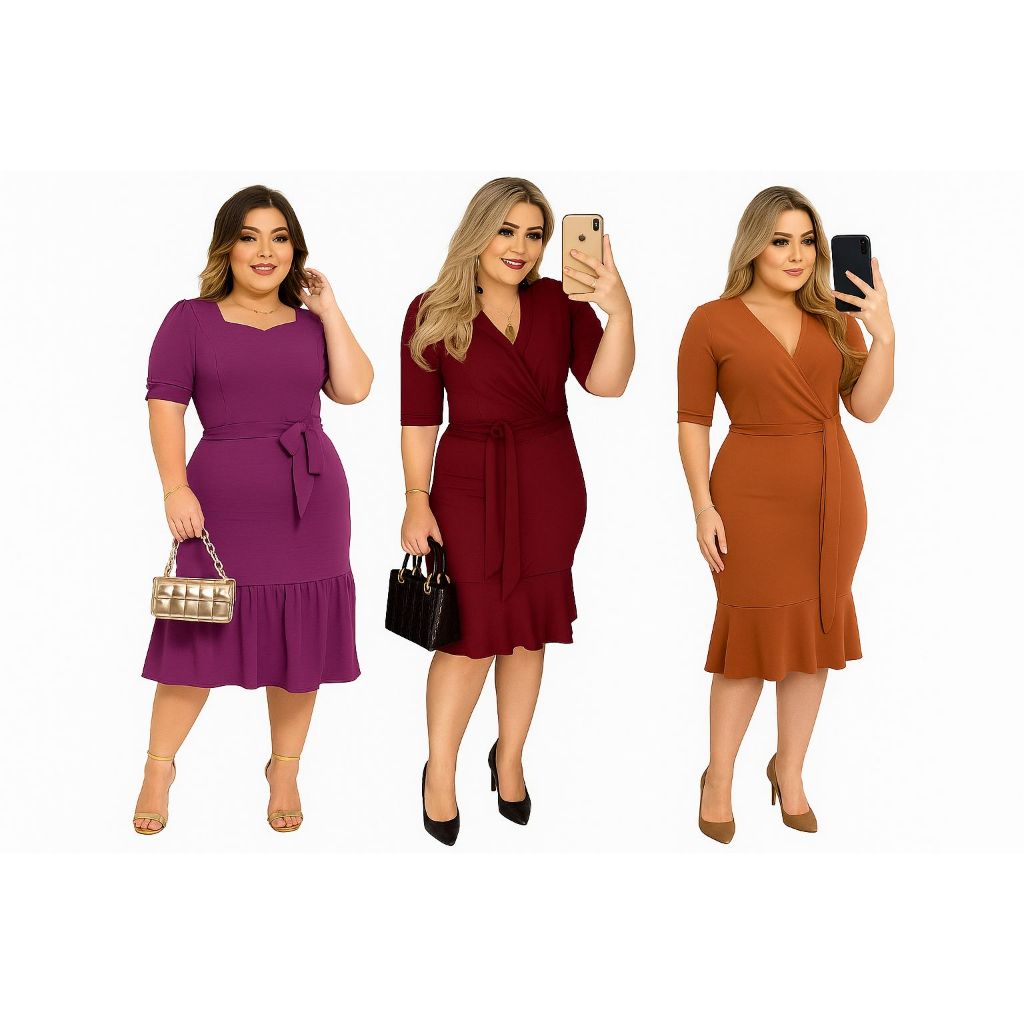 Vestido Tubinho Plus Size Moda Evangélica Social Festas Babado E Cinto Vermelho E Nude
