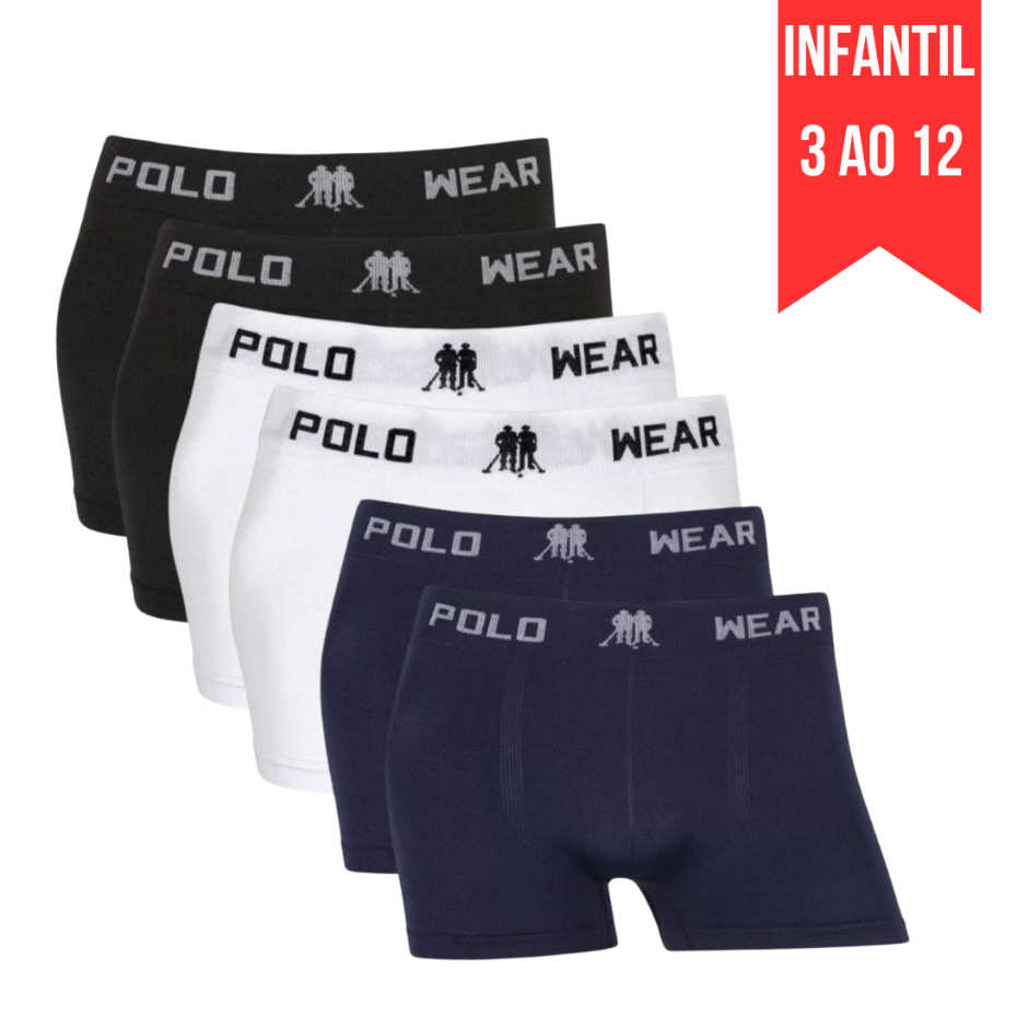 Kit 6 Cuecas Boxer Infantil Polo Wear Masculina Microfibra Lisa Sem Costura