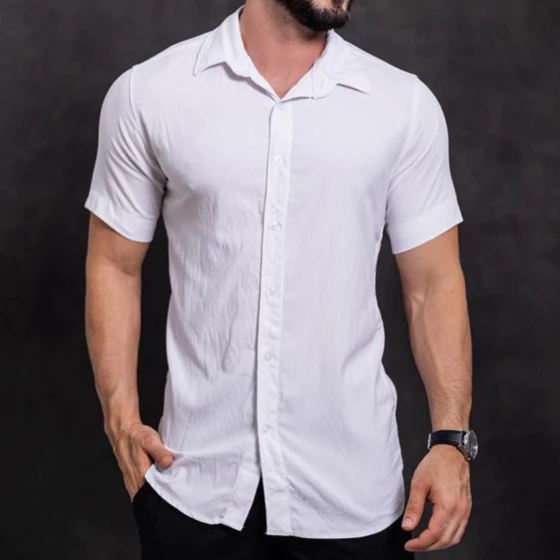 Camisa Masculina de linho slim premium Manga Curta Social casual Verão Frescas praia estilo mauricinho