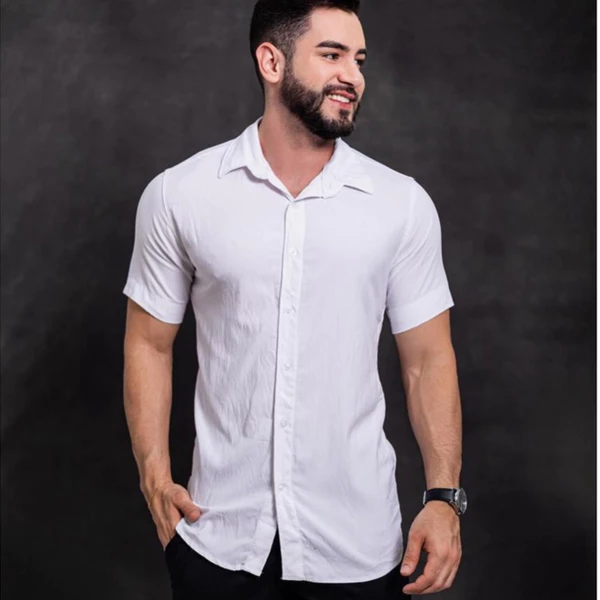 Camisa Slim Masculina Linho premium Gola Italiana Fresca Verão Manga Curta Conforto estilo mauricinho Social Elegante