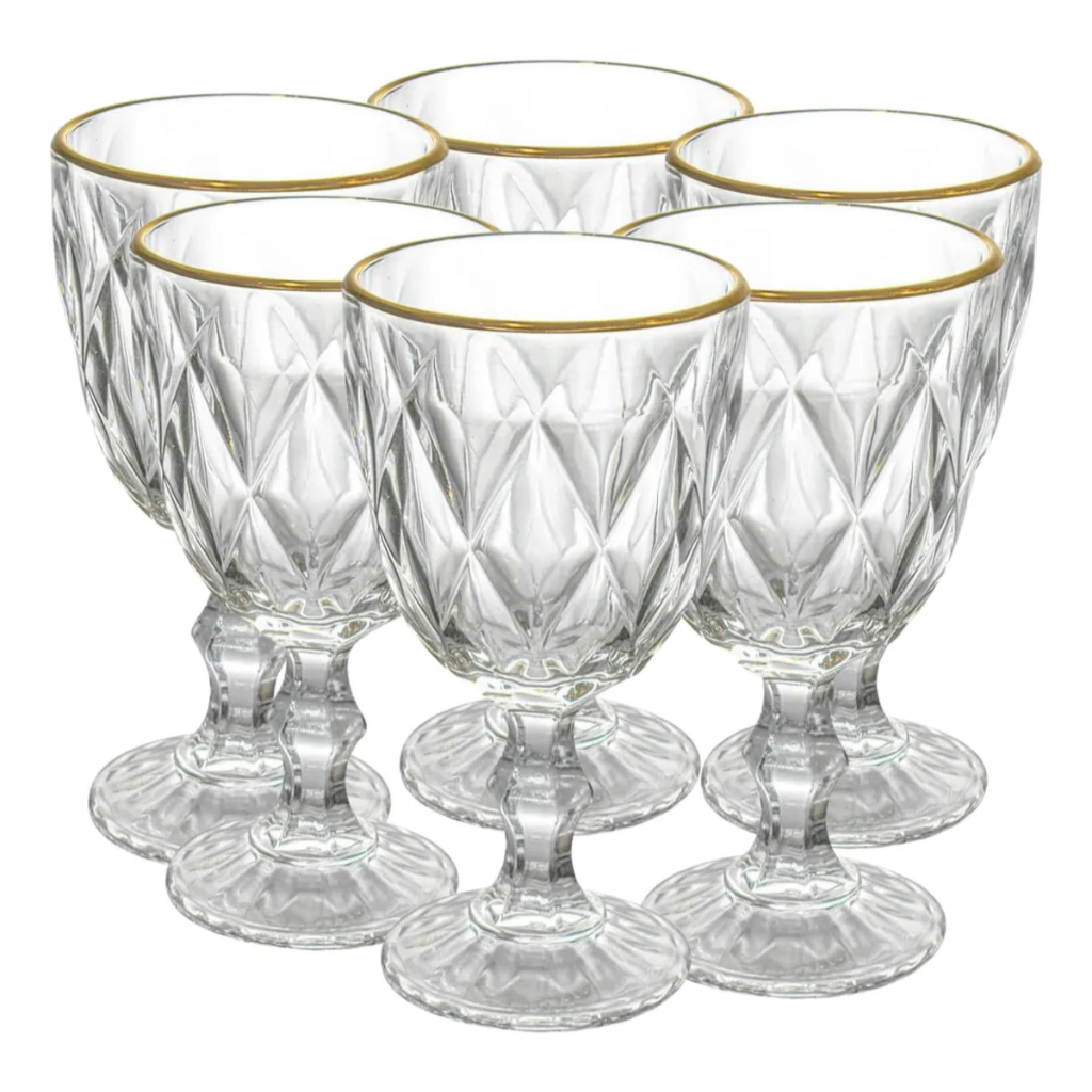 Taças Diamond Transparente C/ Borda Fio De Ouro