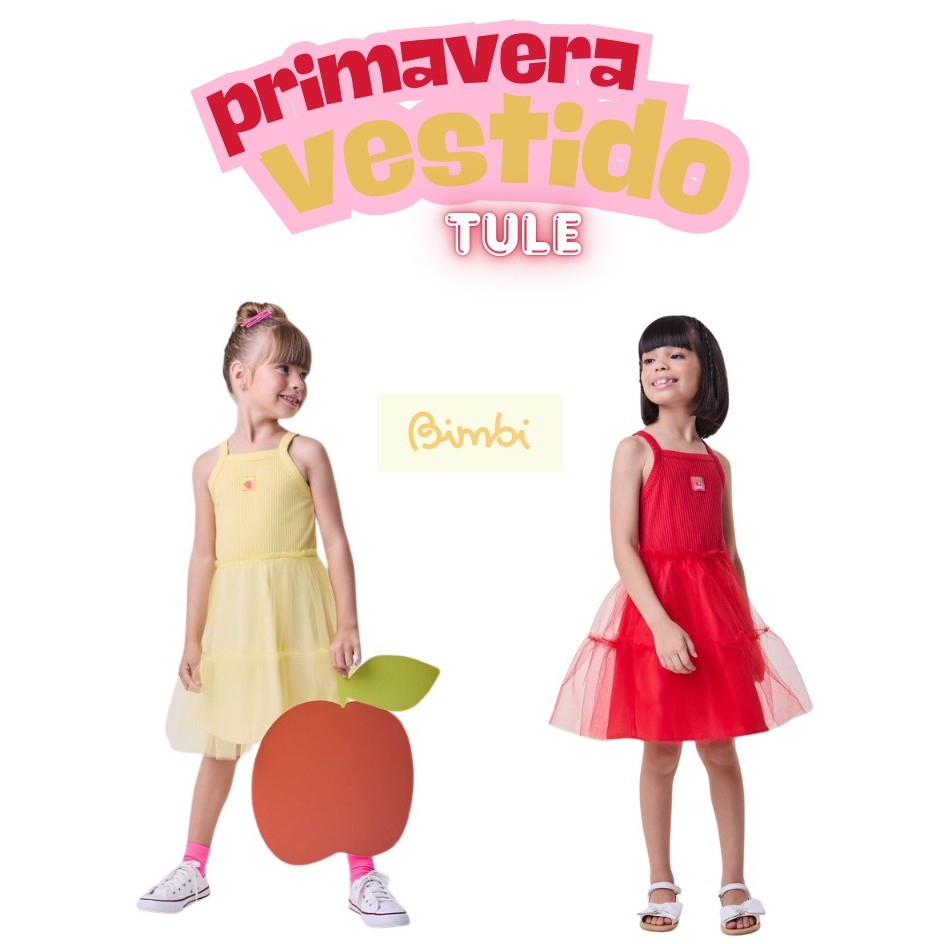 Vestido de Tule Infantil Menina Bimbi,  vestido em ribana em cima  , parte de baixo tule com forro