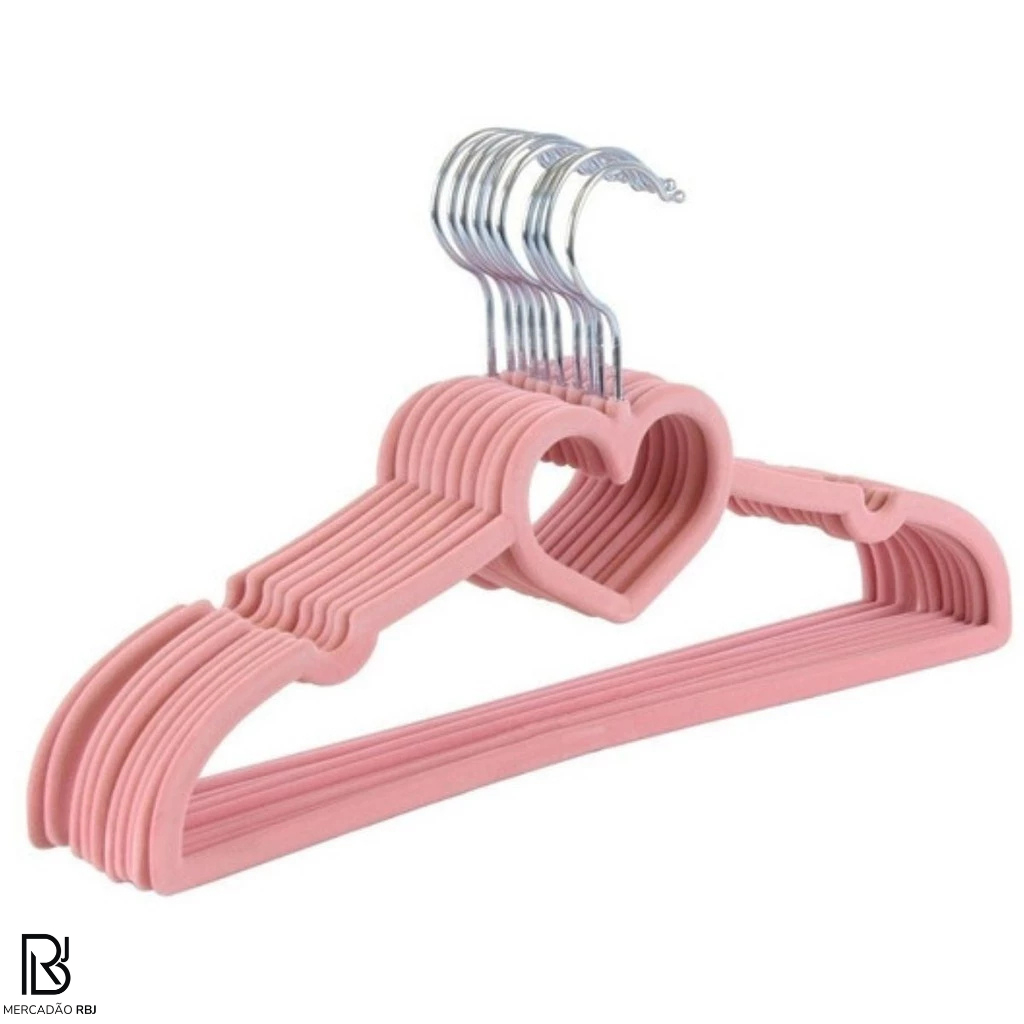 Kit Cabide de Veludo Infantil Slim Premium Rosa Coração