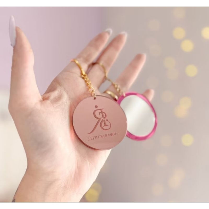 kit Chaveiro Personalizado Acrílico Espelhado com Nome ou Logo + Mini Espelho - Brinde Lembrancinha