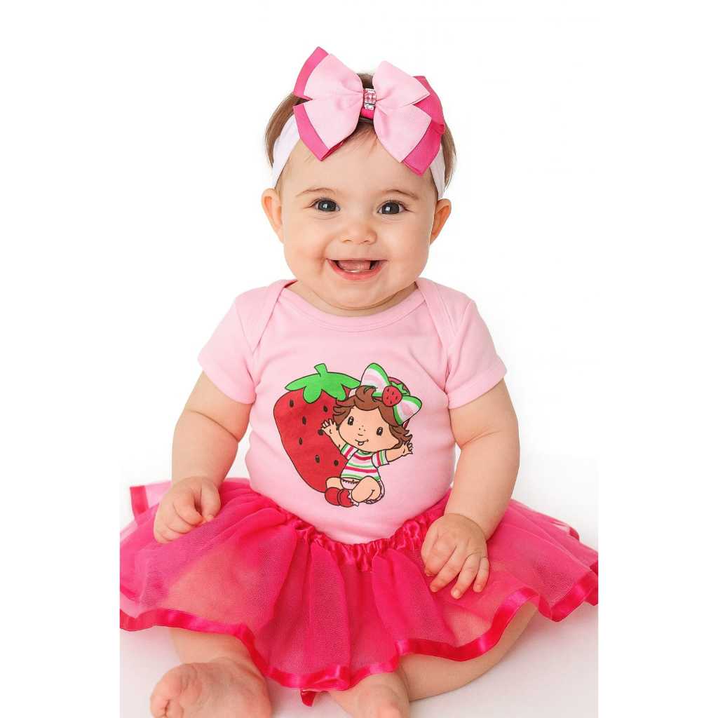 Body Bebê Temático Mesversário Moranguinho Morango Fantasia Infantil Menina Body + Saia de Tule + Laço