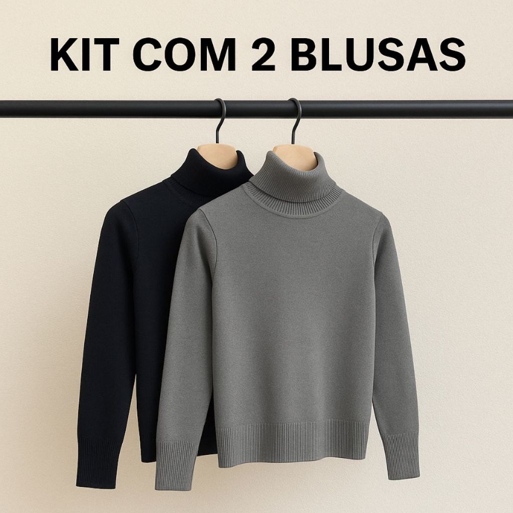 Kit 2 Peças · Blusa Feminina Cacharrel, Tricot Premium, Gola Alta, com Elastano, RS Malhas, Inverno em Oferta na Shopee
