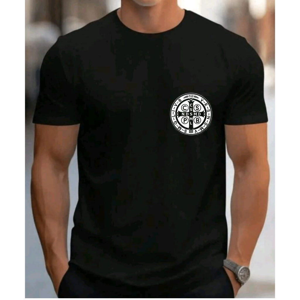 Camiseta Unissex Estampada Modelo Básico Em Algodão Estampa Medalha De São Bento Minimalista Camisa A Cruz Sagrada em Oferta na Shopee