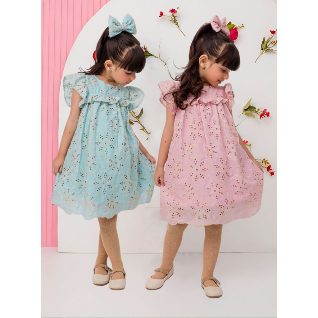 Vestido Laise - Cambraia - Lese - Rosa e Verde Piscina