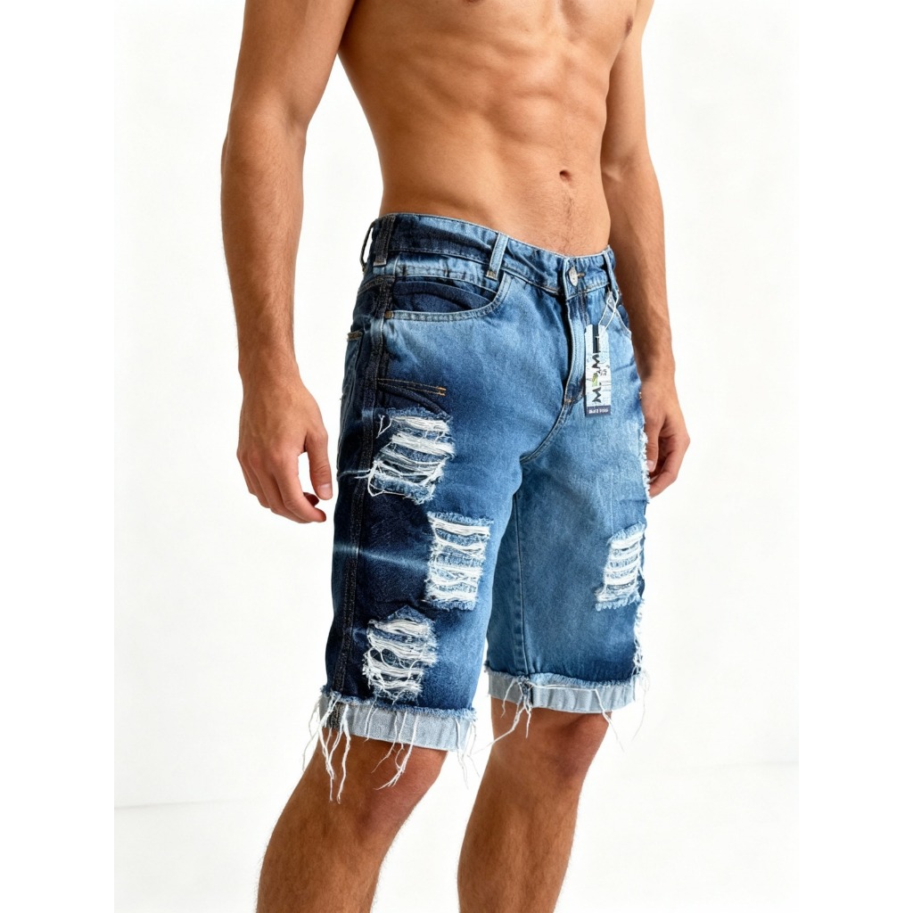 Bermuda Shorts Jeans Masculina Rasgada Destroyed Moda Verão Tendência Linha Premium s/elastano manchada