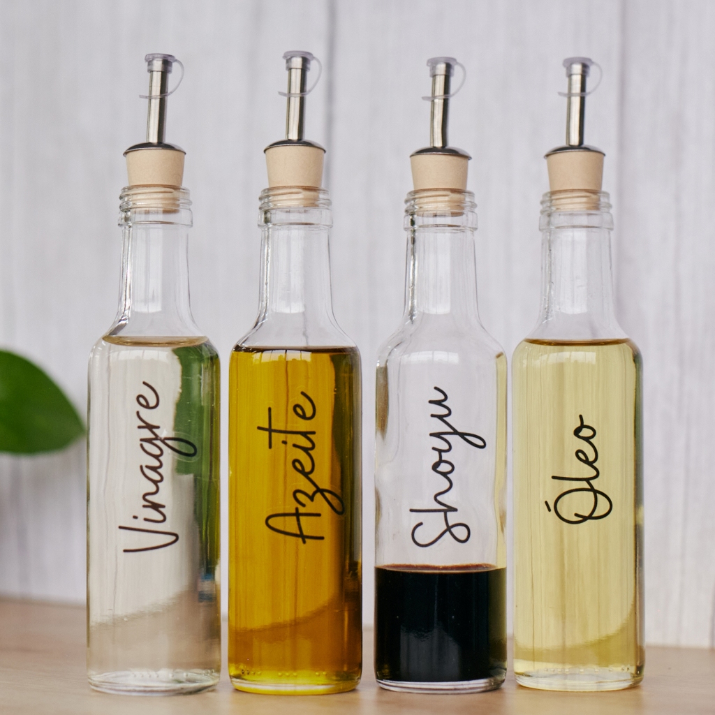 Kit 4 Galheteiros Vidro Porta Azeite Vinagre com Bico Dosador c/ Etiquetas Lindas Óleo Shoyu