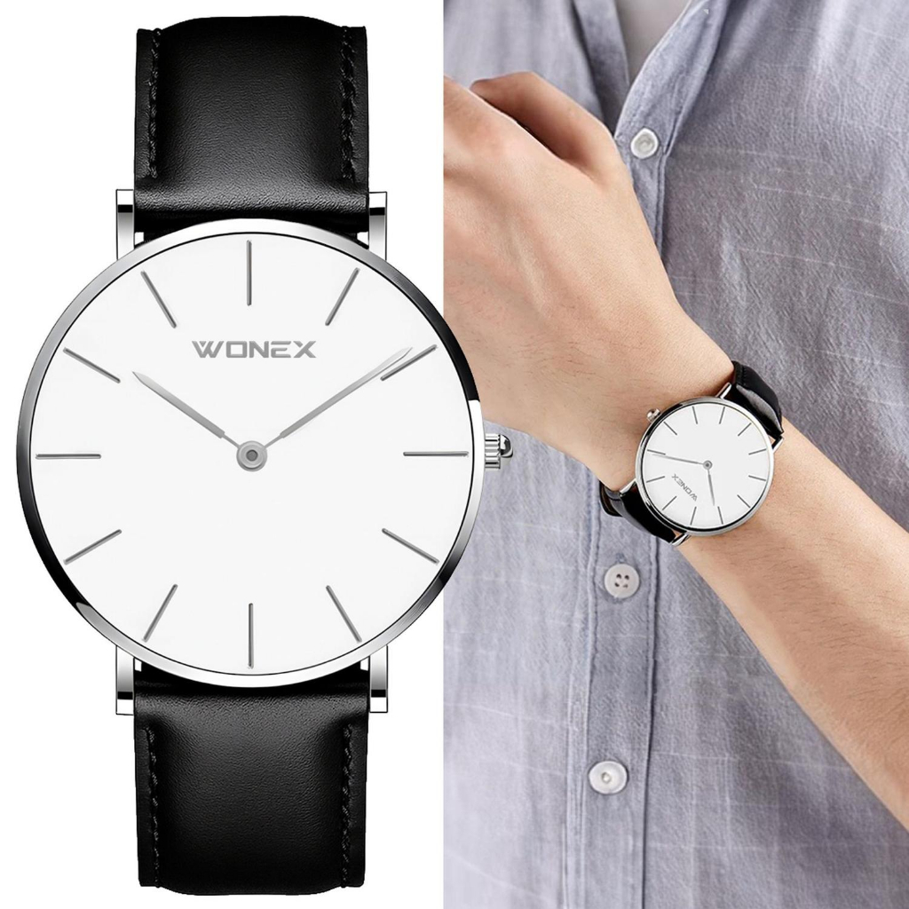 Relógio Masculino Wonex 40mm Slim Minimalista Branco Couro Preto Bisel Prateado