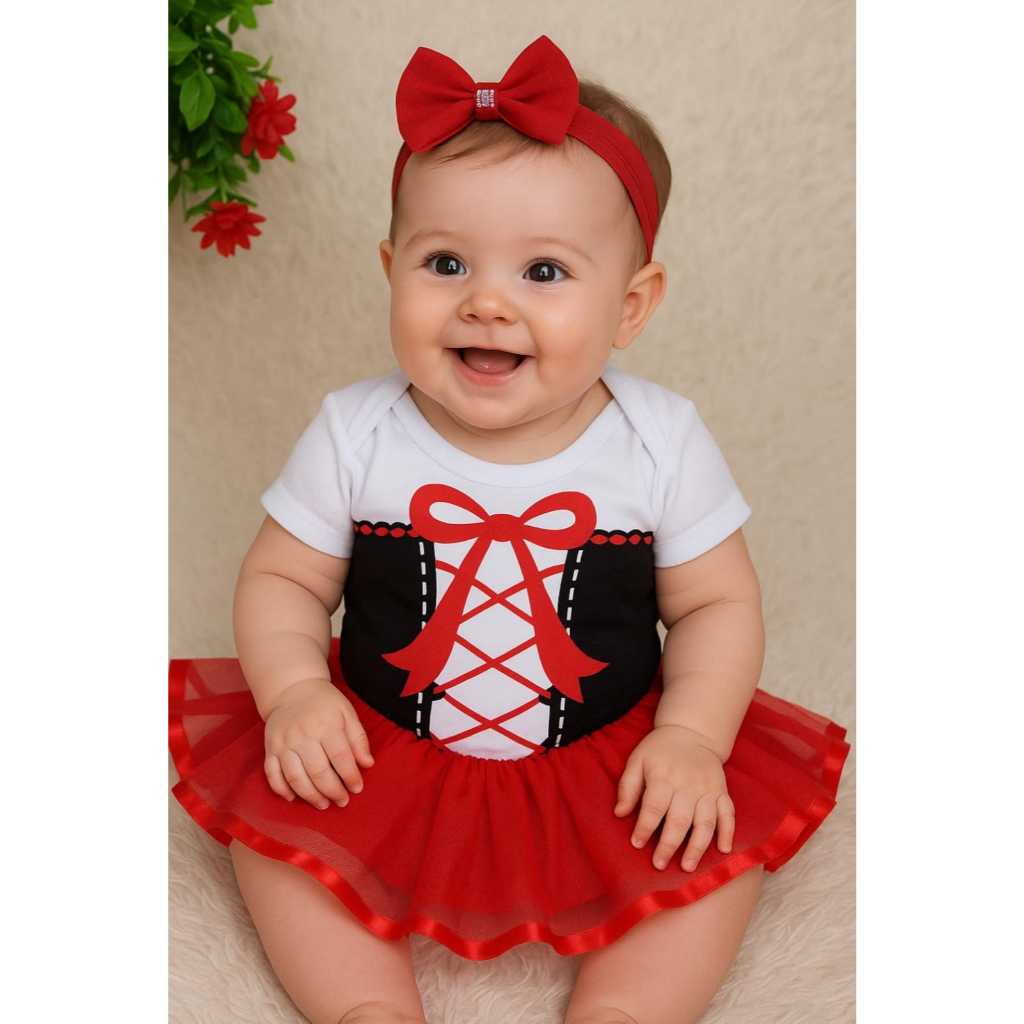 Kit Fantasia Chapeuzinho Vermelho Menina – Body, Capa com Laço e Saia de Tule | Look Temático Mesversario