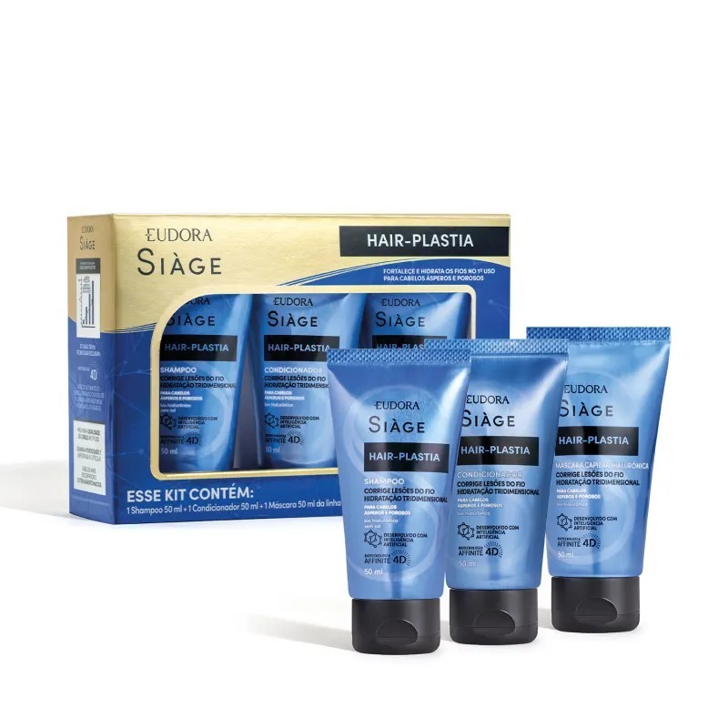 Kit Siàge Eudora Hair Plastia: Mini shampoo + condicionador + máscara 50ml