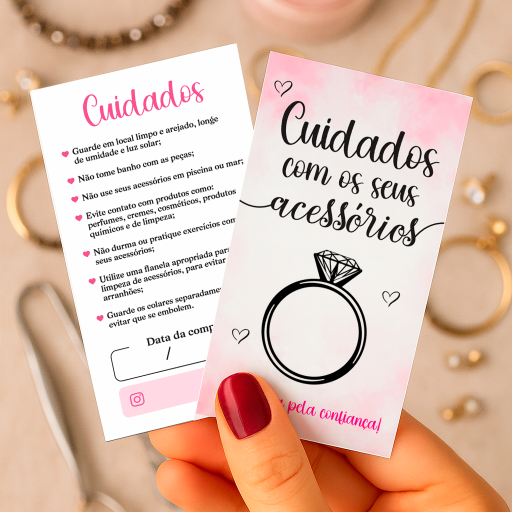 Cartão de Cuidados Acessórios Joias e Semijoias Bijouterias – Pronta Entrega 5x9cm - Tag de Cuidado