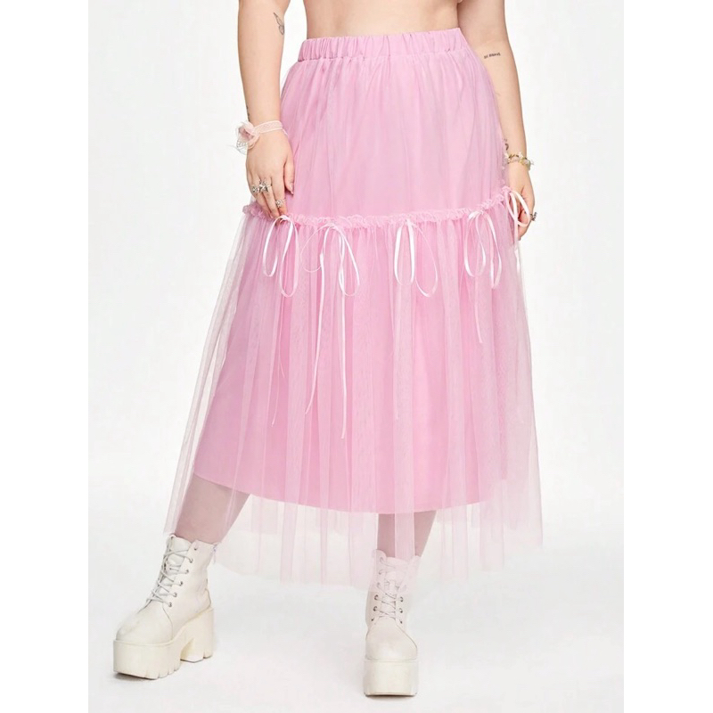 Saia Longa Feminina Plus Size Tule Forrada Fitas Festa Fantasia Fada Halloween Rosa SH D373
