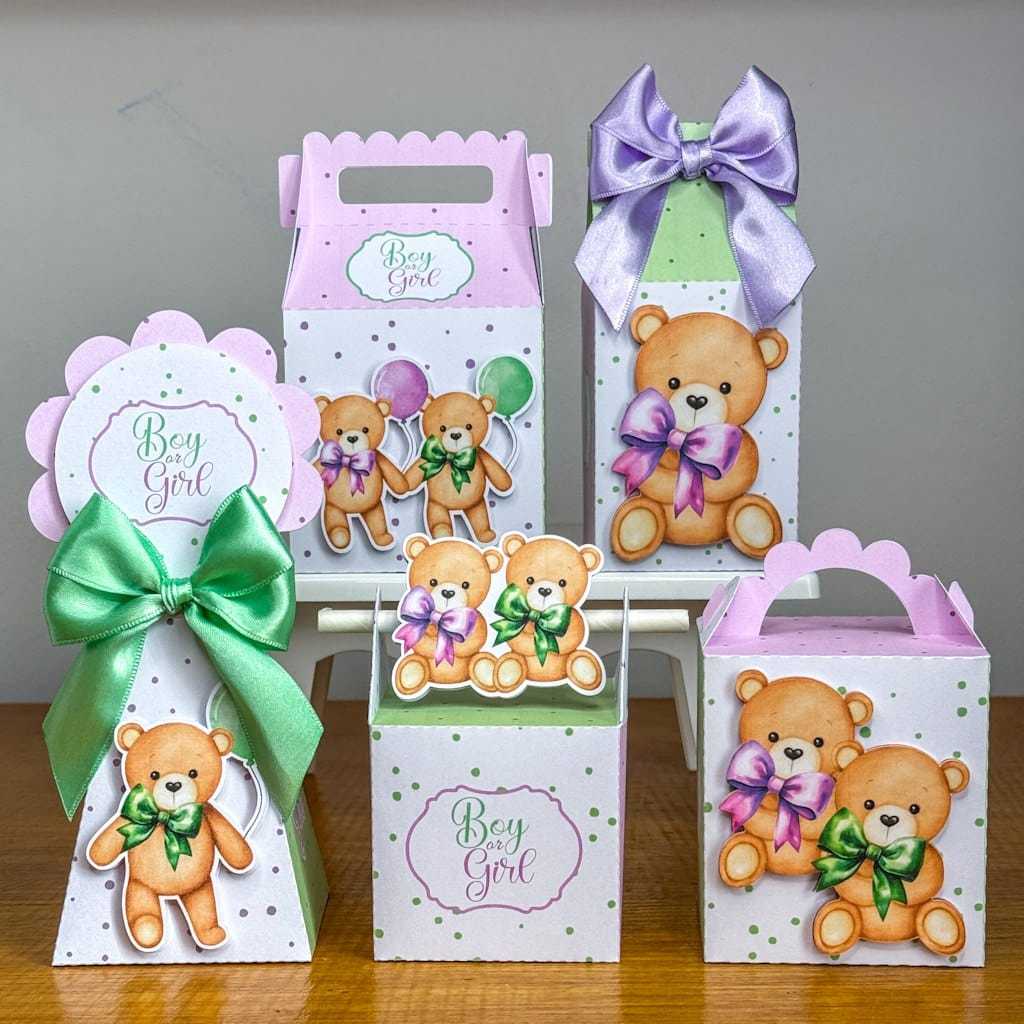Kit PEGUE E MONTE  caixa Festa | CHÁ REVELAÇÃO URSINHO LILAS E VERD | festa | Com ou Sem Aplique e laço I personalizados