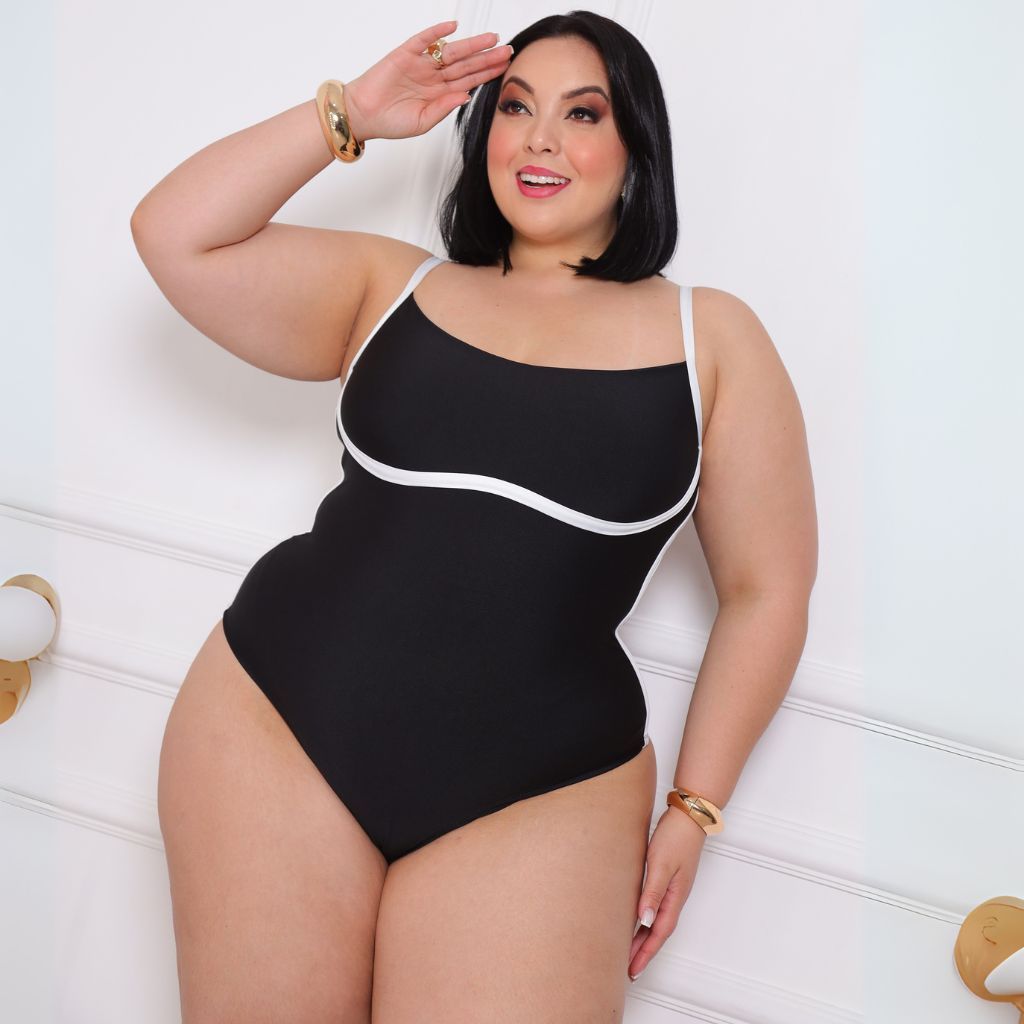 Body Plus Bicolor Maiô Alças Cavado Feminino Sustentação dupla de Alcinha gringo detalhe em viés suplex modelador