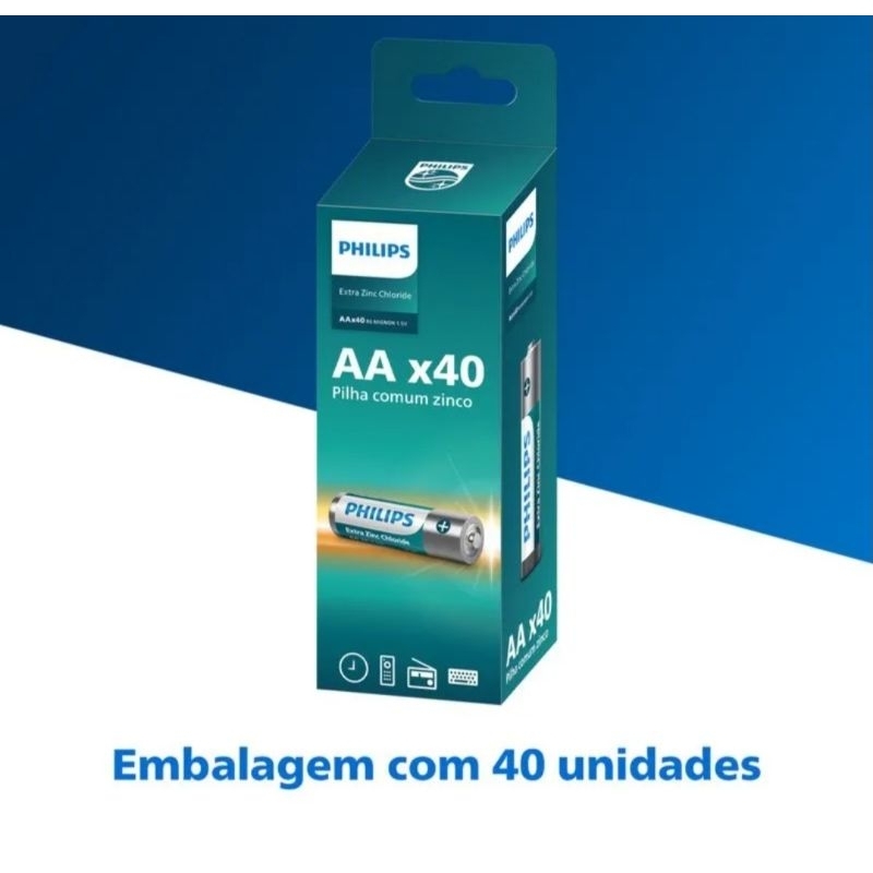 Pilha Zinco AA AAA Philips Bateria Carvão 2A  3A Pequena e Grande Tubo Kit Com 40 Unidades em Oferta na Shopee