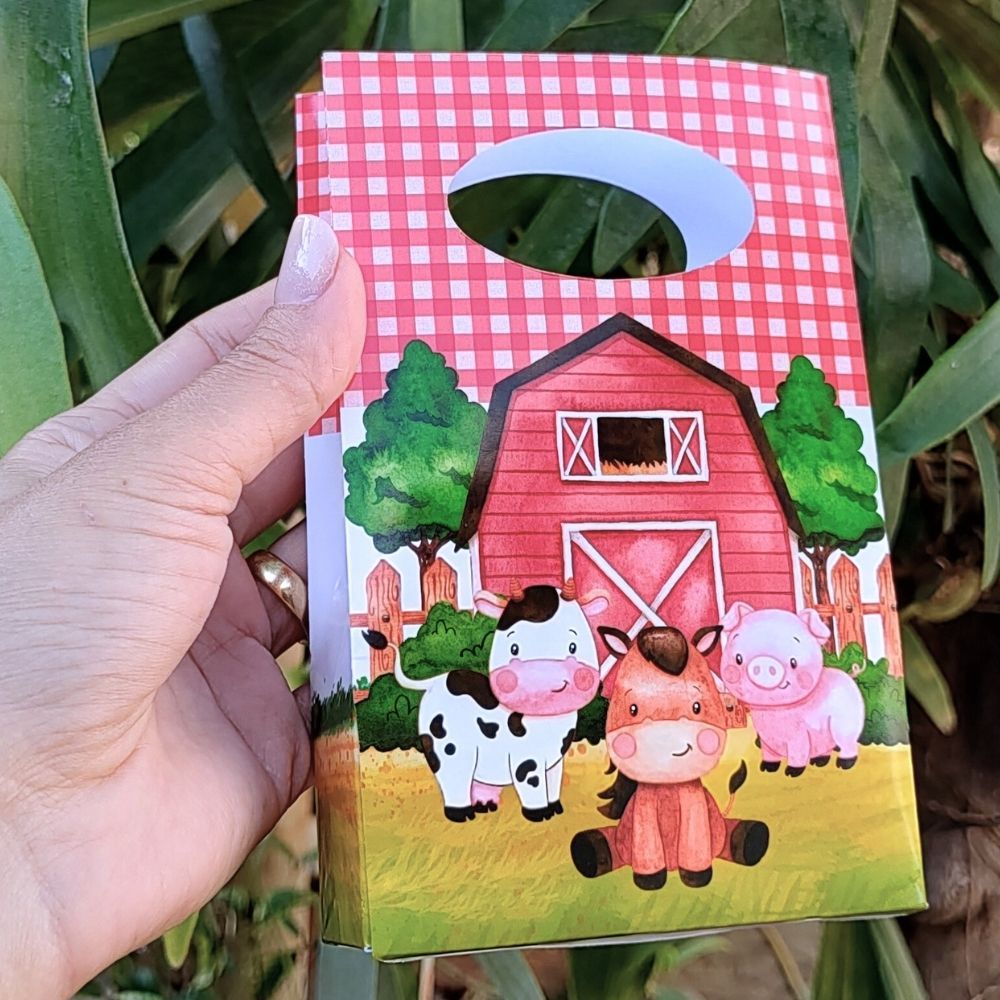 Sacolinha P Fazendinha Vermelha Animais 10x16cm Lembrancinha Infantil Aniversário Pegue e Monte