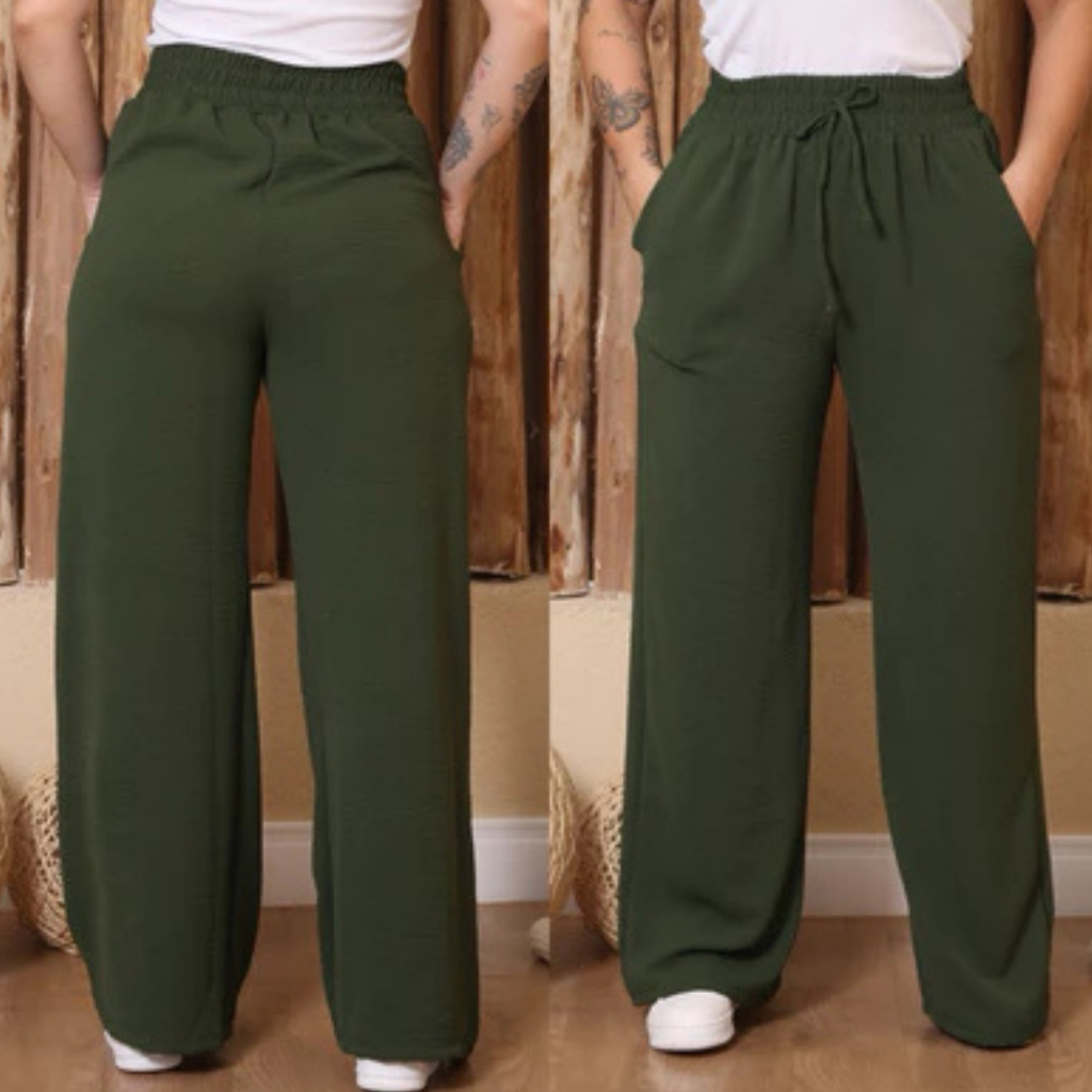 Calça Pantalona Feminina Cintura Alta Com Bolso Duna Tendencia Promoção
