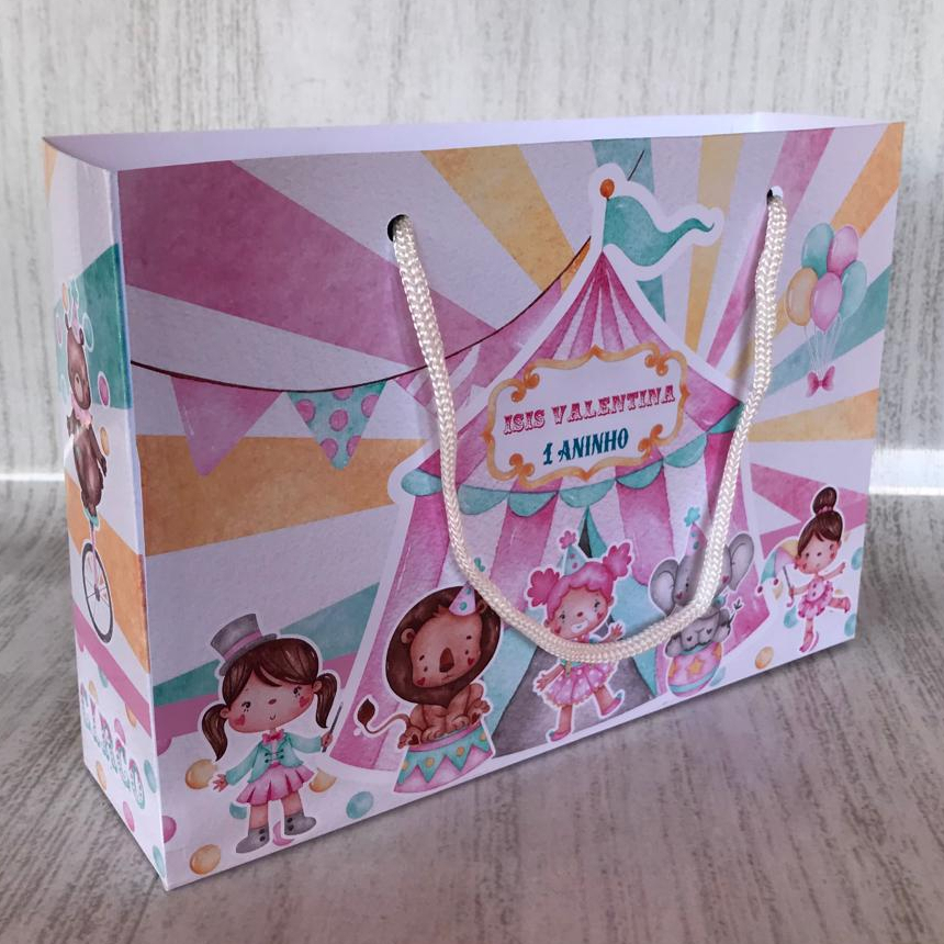 Sacolinha Surpresa G Circo Rosa Aquarelado Personalizada com nome Festa Infantil Chá Aniversário Lembrancinhas